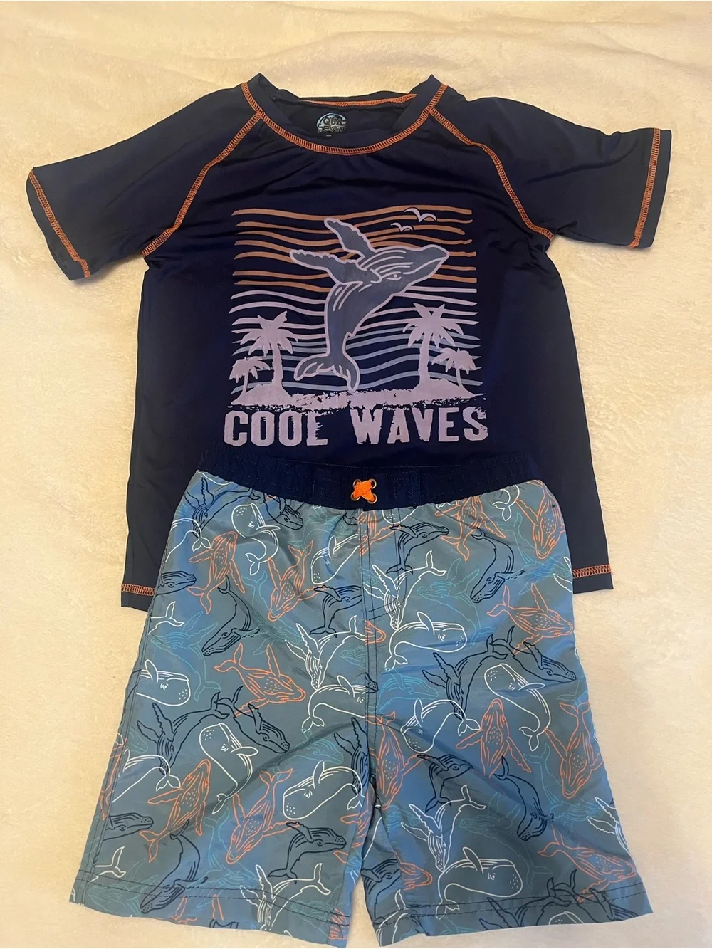 Cool Waves Navy Rash Guard Set with Whale-Print Blue Shorts